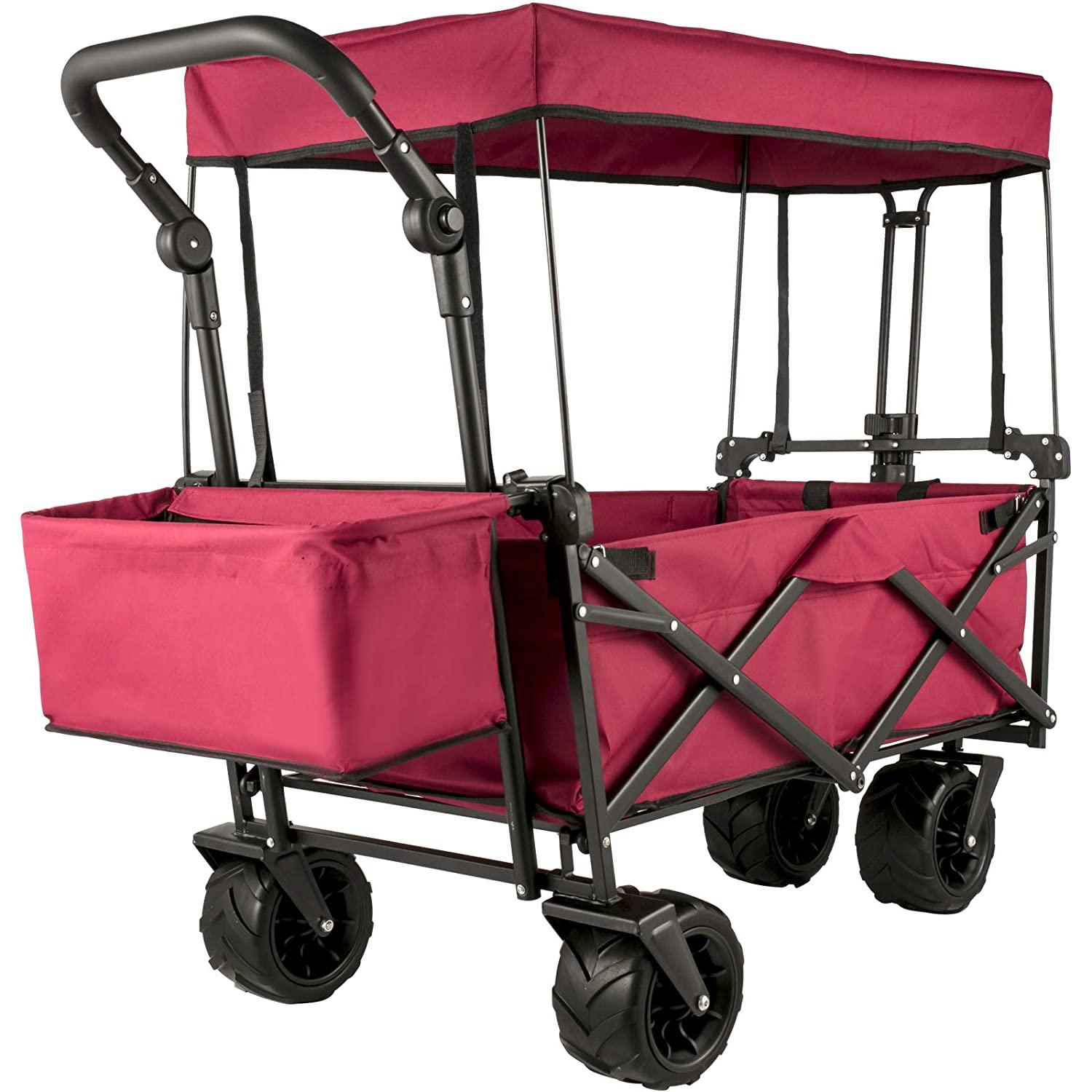 Foldable Handcart 92.7 x 54.3 x 98.5 cm, Foldable Handcart 100 kg, Red Handcart Roof Pneumatic Tires 600D Oxford Polyester, Foldable Handcart with 2 Velcro Straps, for Outdoor Activities - Sterilamo