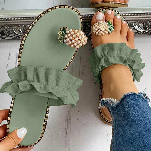 Pineapple Pearl Beach Slides Flat Toe Casual Womens Slippers - Sterilamo
