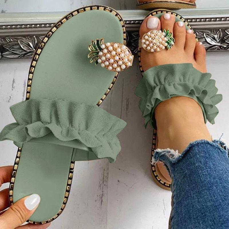 Pineapple Pearl Beach Slides Flat Toe Casual Womens Slippers - Sterilamo