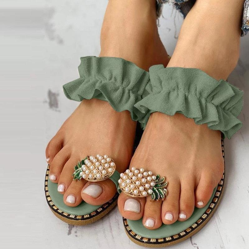 Pineapple Pearl Beach Slides Flat Toe Casual Womens Slippers - Sterilamo