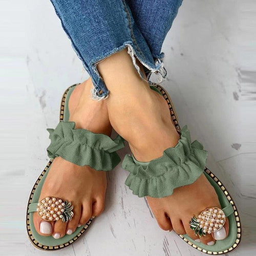 Pineapple Pearl Beach Slides Flat Toe Casual Womens Slippers - Sterilamo