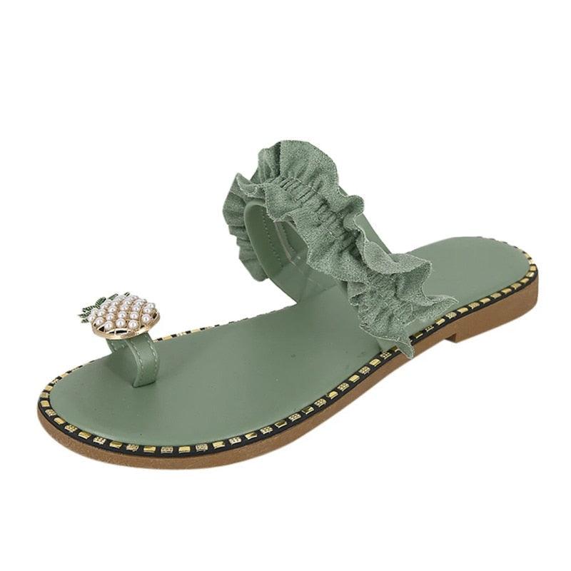 Pineapple Pearl Beach Slides Flat Toe Casual Womens Slippers - Sterilamo