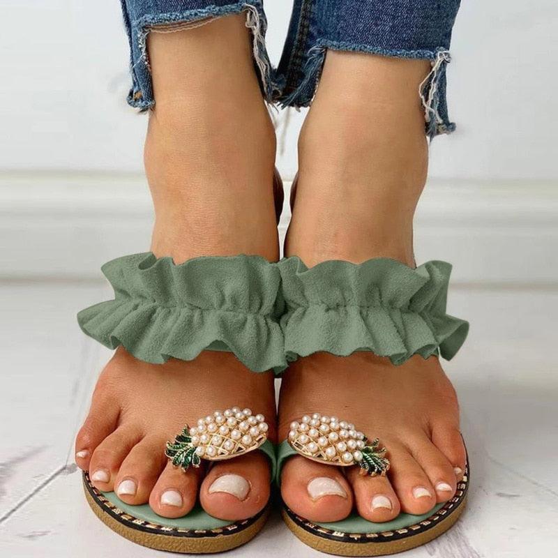 Pineapple Pearl Beach Slides Flat Toe Casual Womens Slippers - Sterilamo