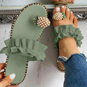 Pineapple Pearl Beach Slides Flat Toe Casual Womens Slippers - Sterilamo
