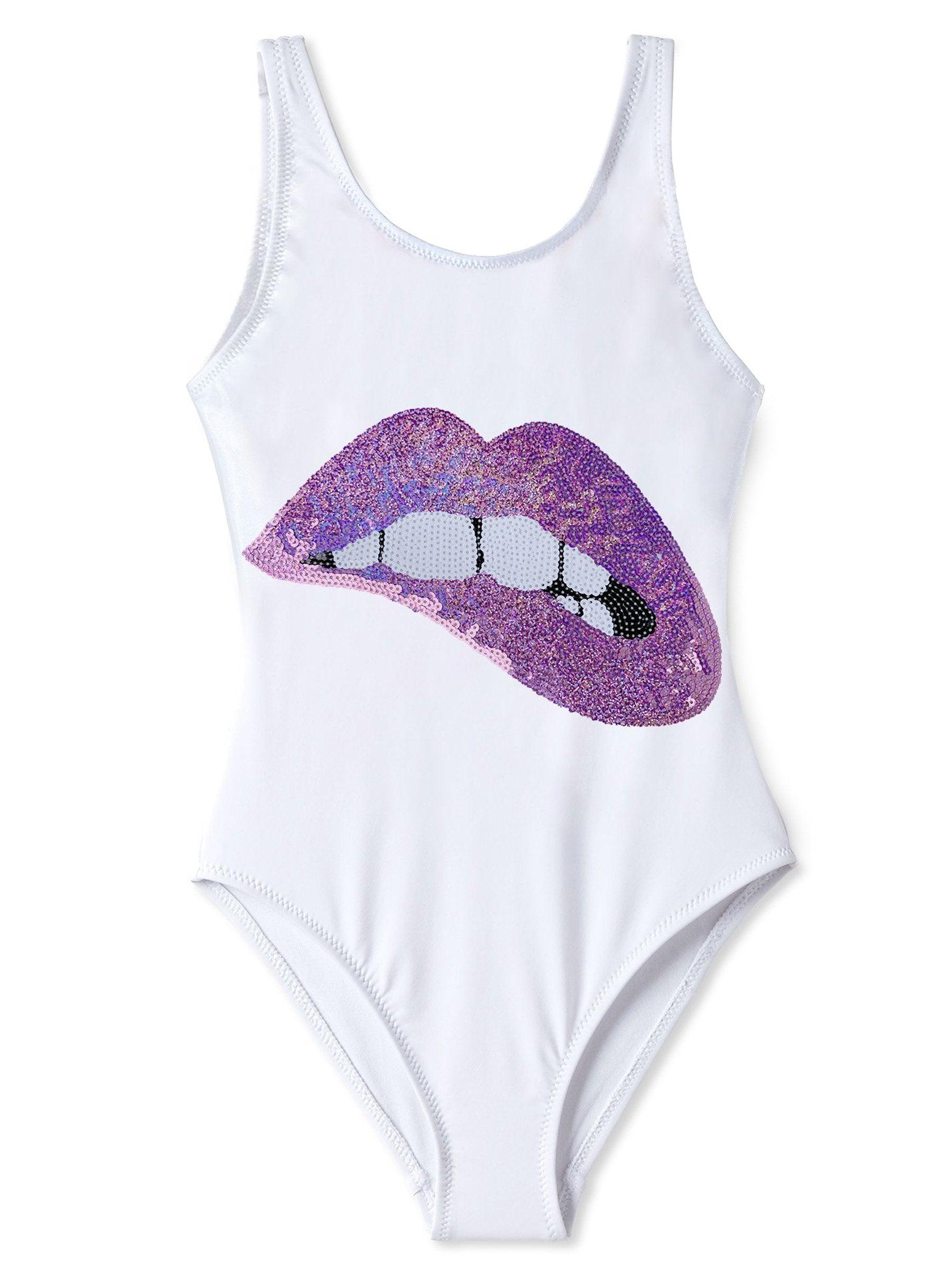 White Tank Swimsuit with Lip Sequin - Sterilamo